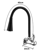 Carregar imagem no visualizador da galeria, Torneira de cozinha preta de parede com jato duplo flexível e base cônica de 1/4